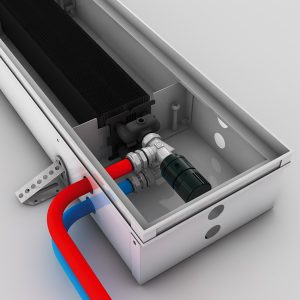 Podłączenie z głowicą termostatyczną w korytku grzejnika